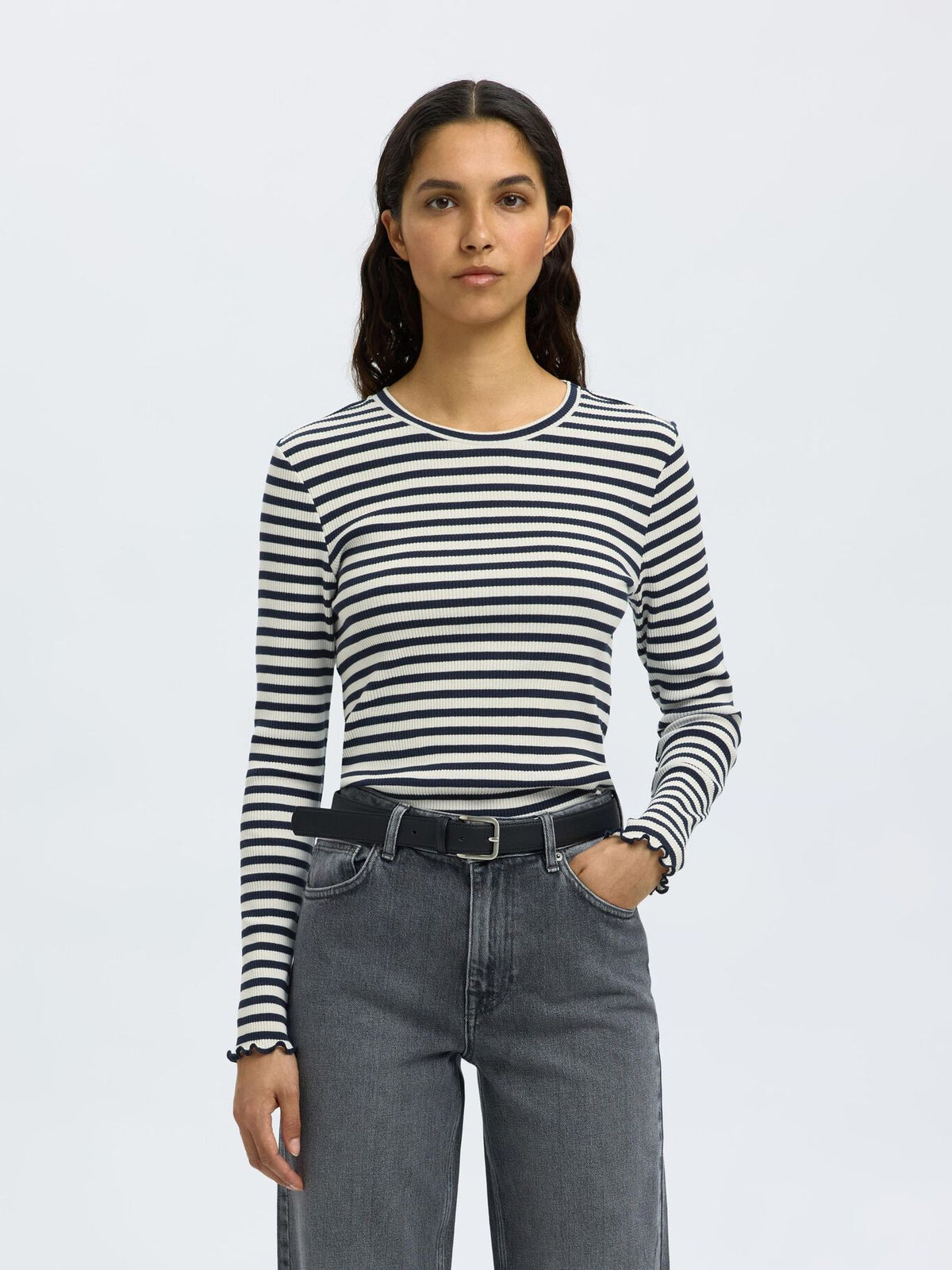 SELECTED Anna LS Stripe Crew in Dark Sapphire