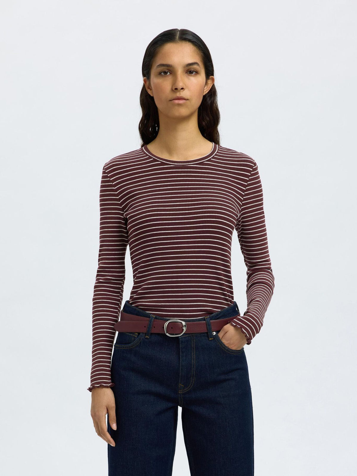 SELECTED Anna LS Stripe Crew in Fig