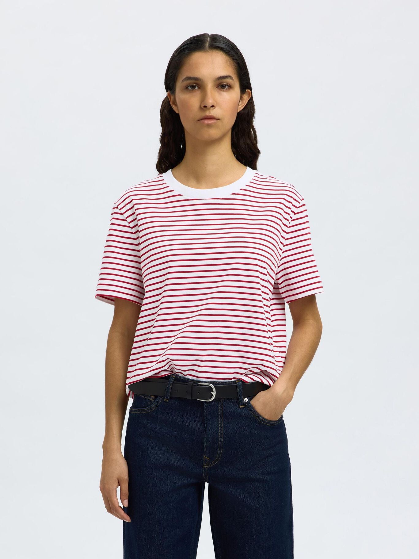 SELECTED Essential Striped Boxy Tee in Equestrian Red