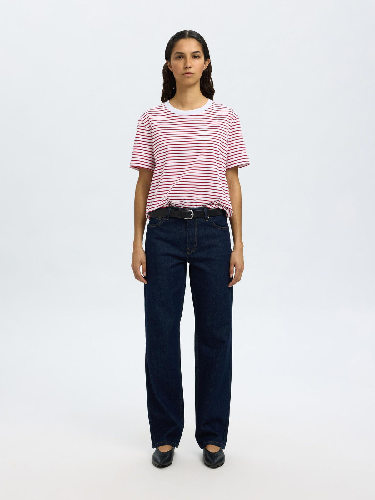 SELECTED Essential Striped Boxy Tee in Equestrian Red