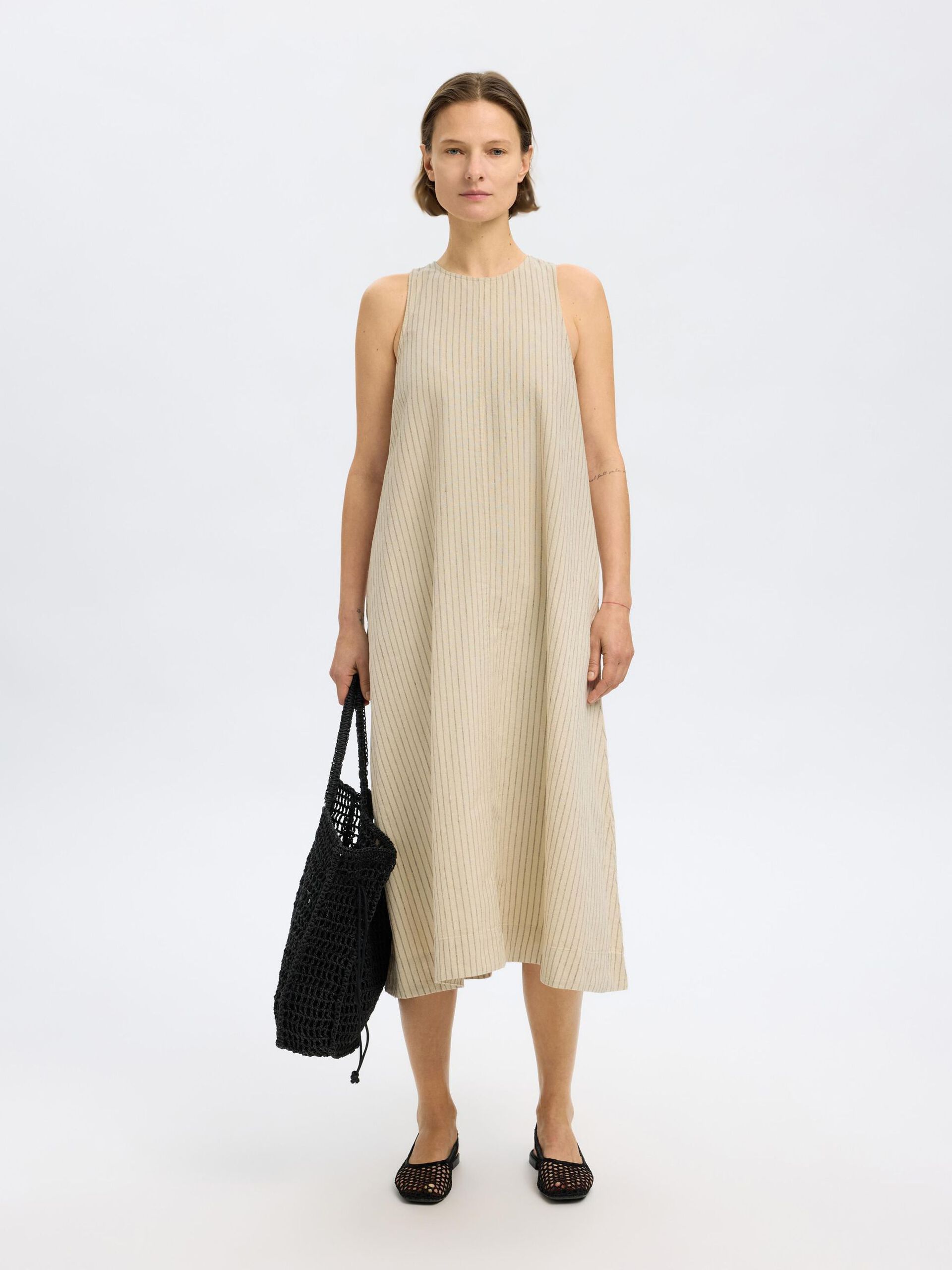 SELECTED Johanne SL Striped Midi Dress in Birch