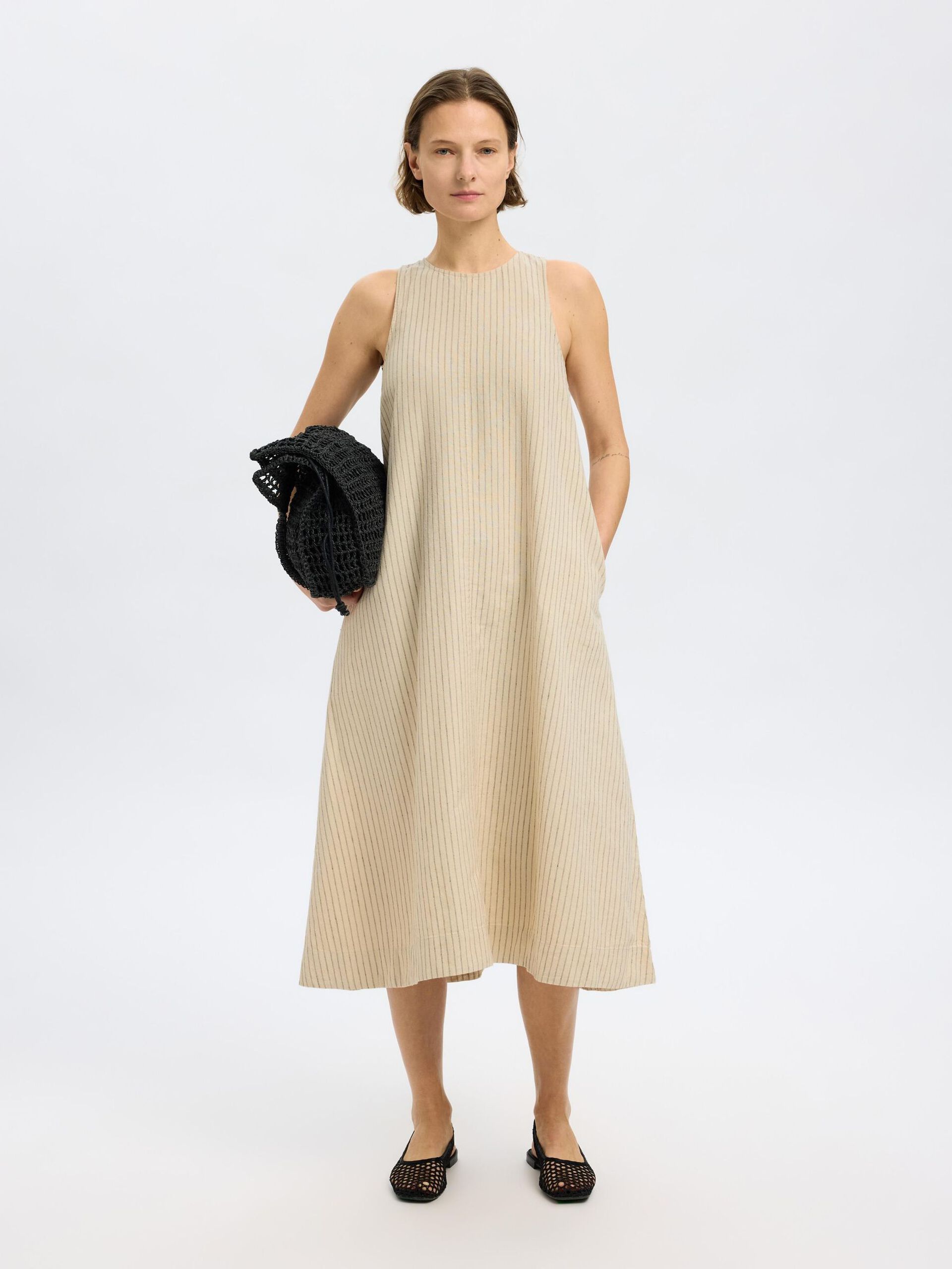 SELECTED Johanne SL Striped Midi Dress in Birch