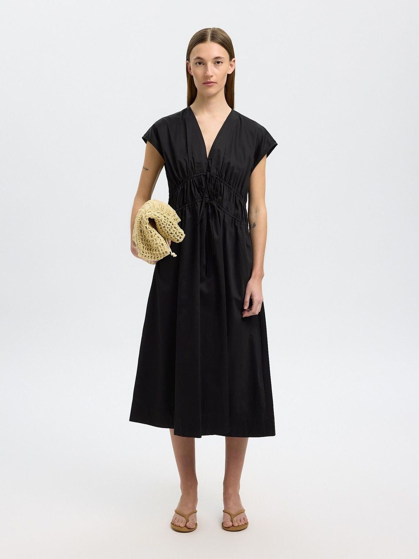 SELECTED Ally SL Midi Tie Dress in Black