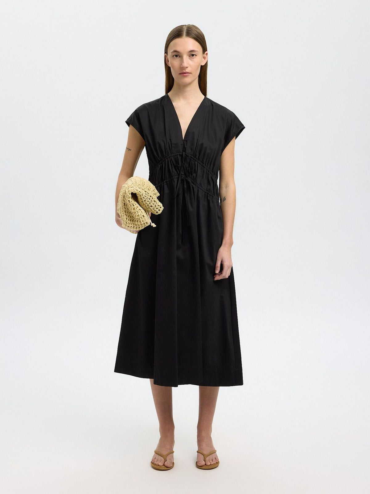 SELECTED Ally SL Midi Tie Dress in Black