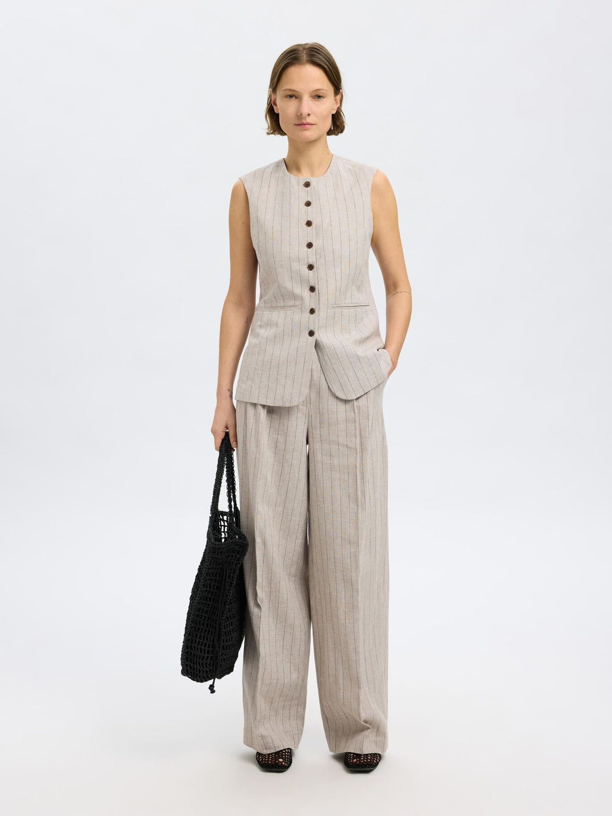 SELECTED Vilka Sun Extra Wide Pant in Oatmeal Pinstripe
