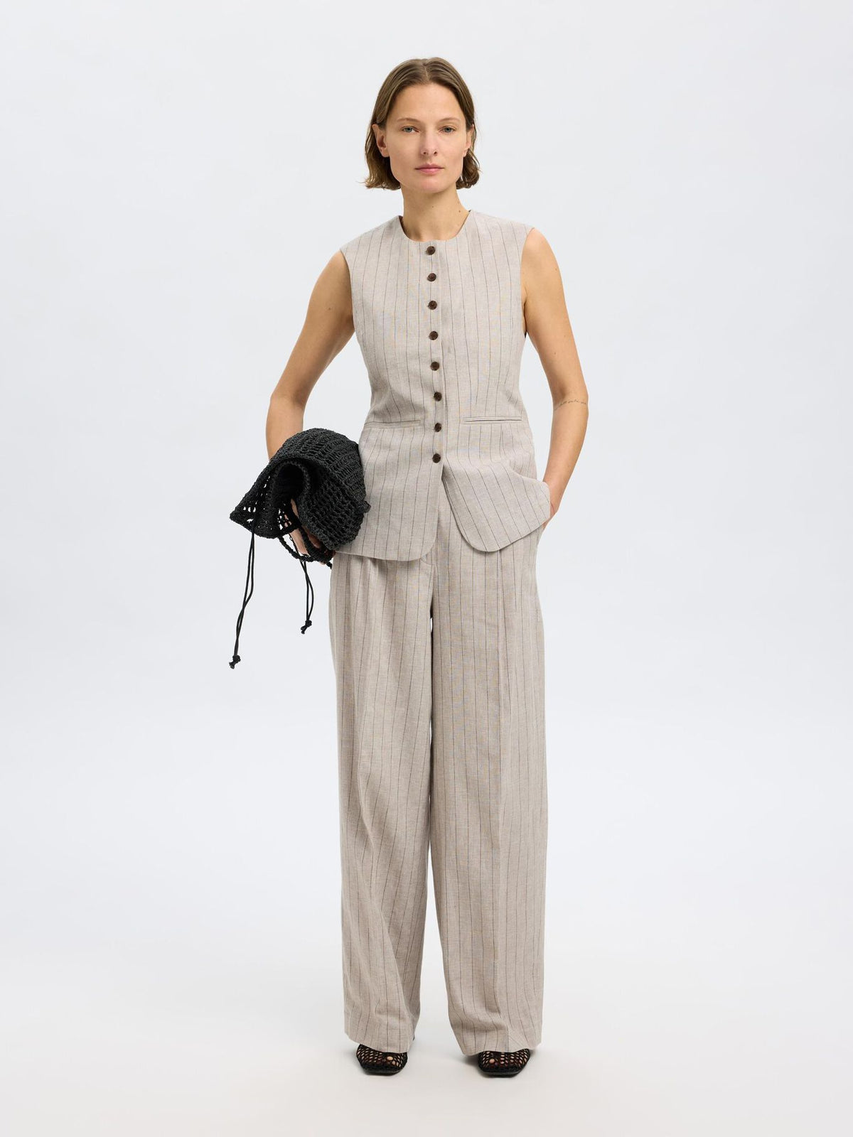 SELECTED Vilka Sun Long Vest in Oatmeal Pinstripe