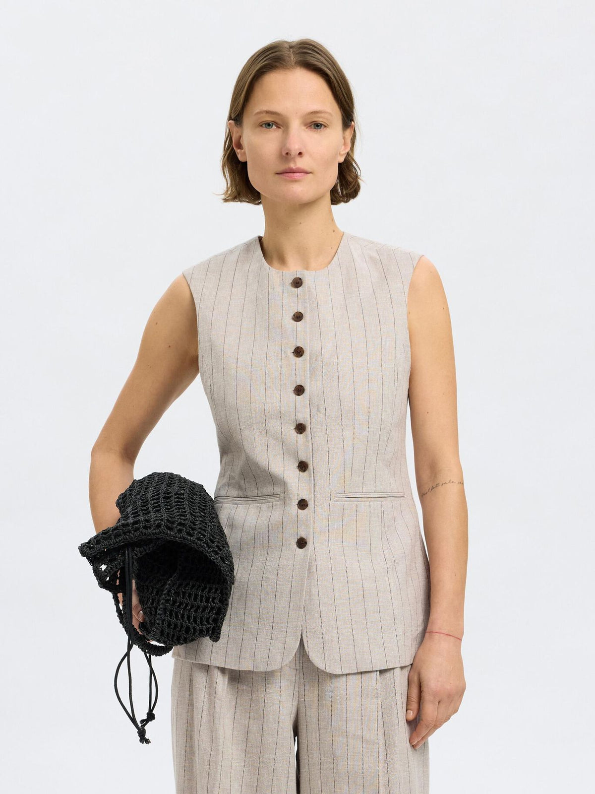 SELECTED Vilka Sun Long Vest in Oatmeal Pinstripe