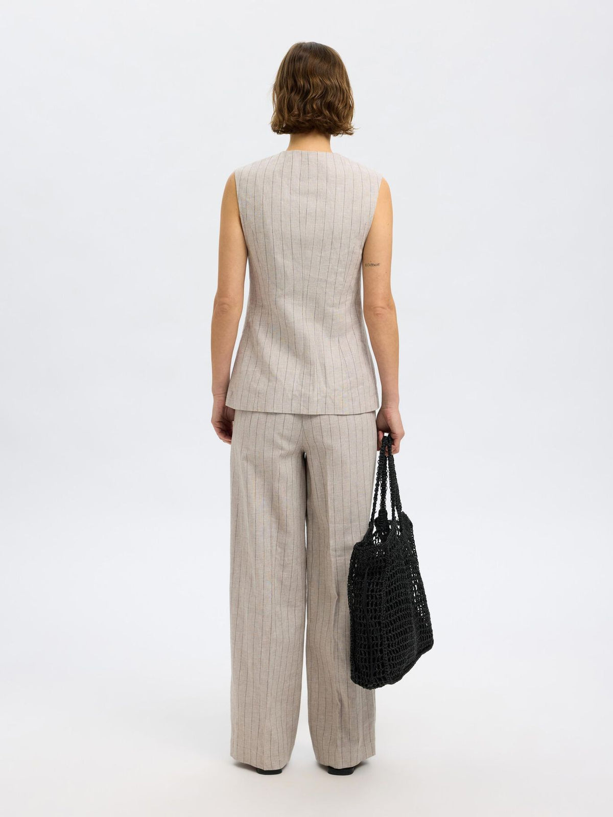 SELECTED Vilka Sun Long Vest in Oatmeal Pinstripe