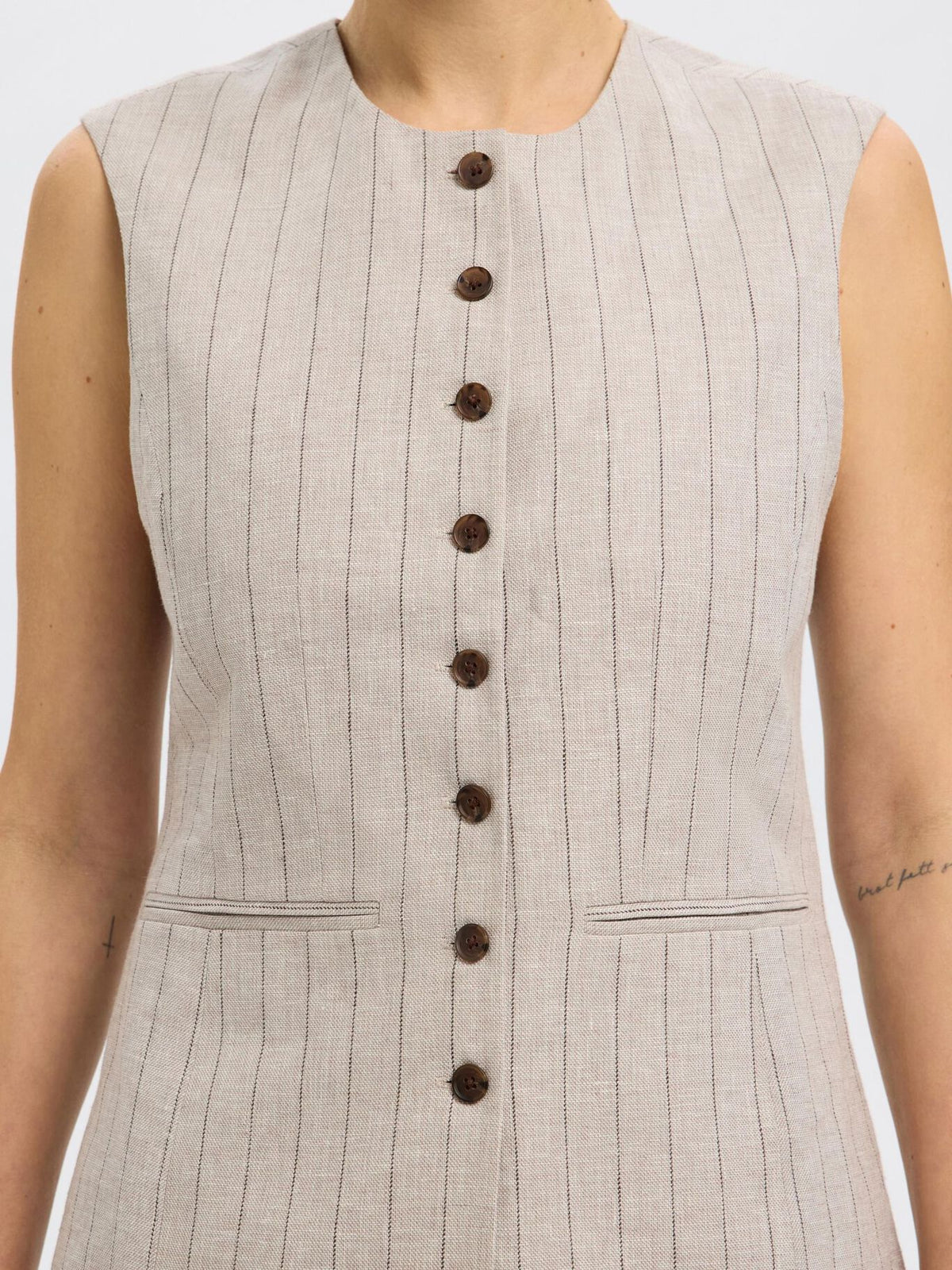SELECTED Vilka Sun Long Vest in Oatmeal Pinstripe