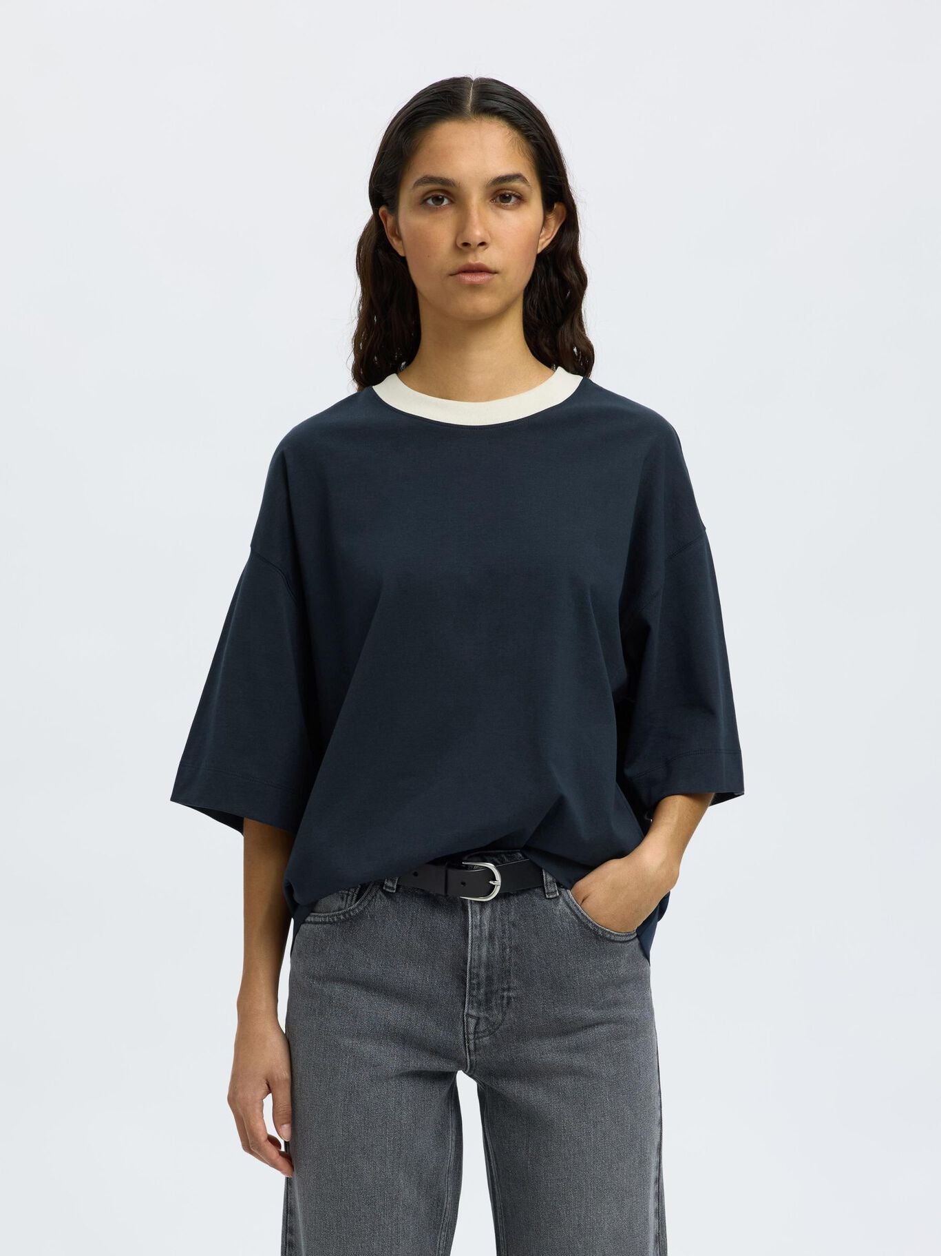 SELECTED Oversized Contrast Tee in Dark Sapphire, Egret