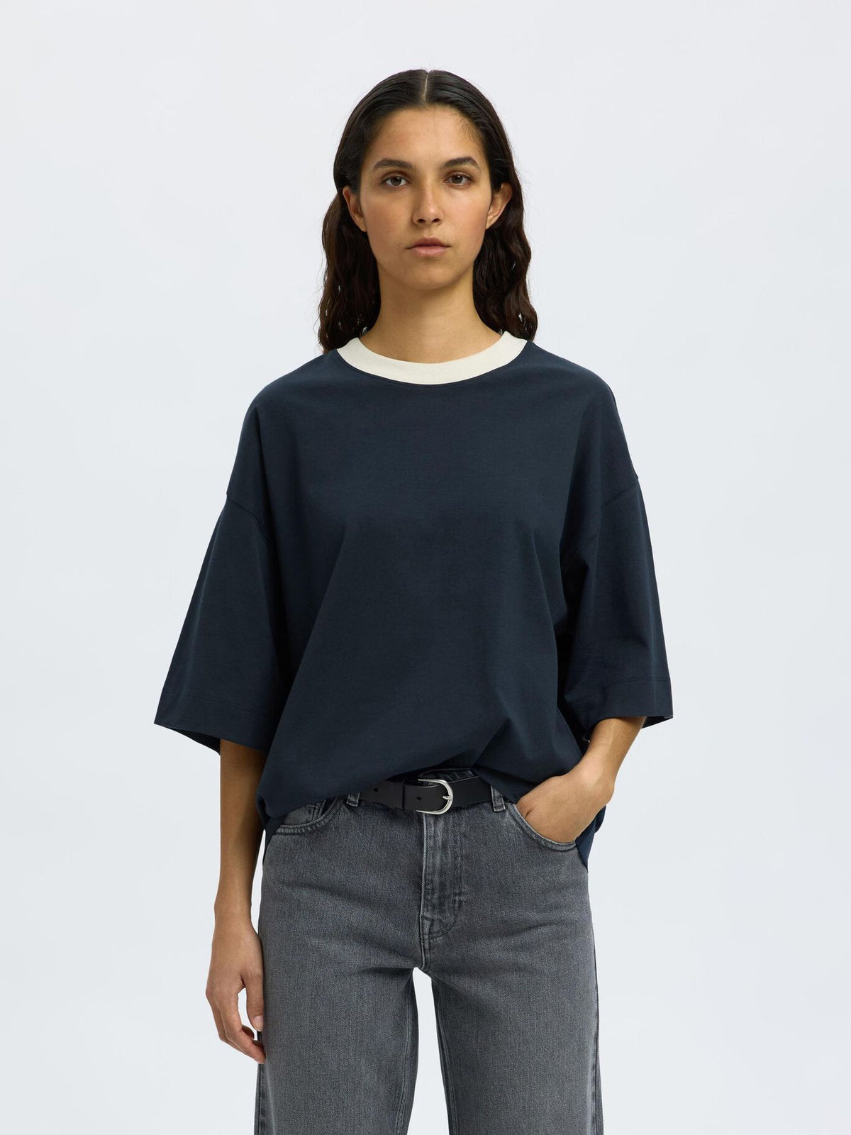 SELECTED Oversized Contrast Tee in Dark Sapphire, Egret