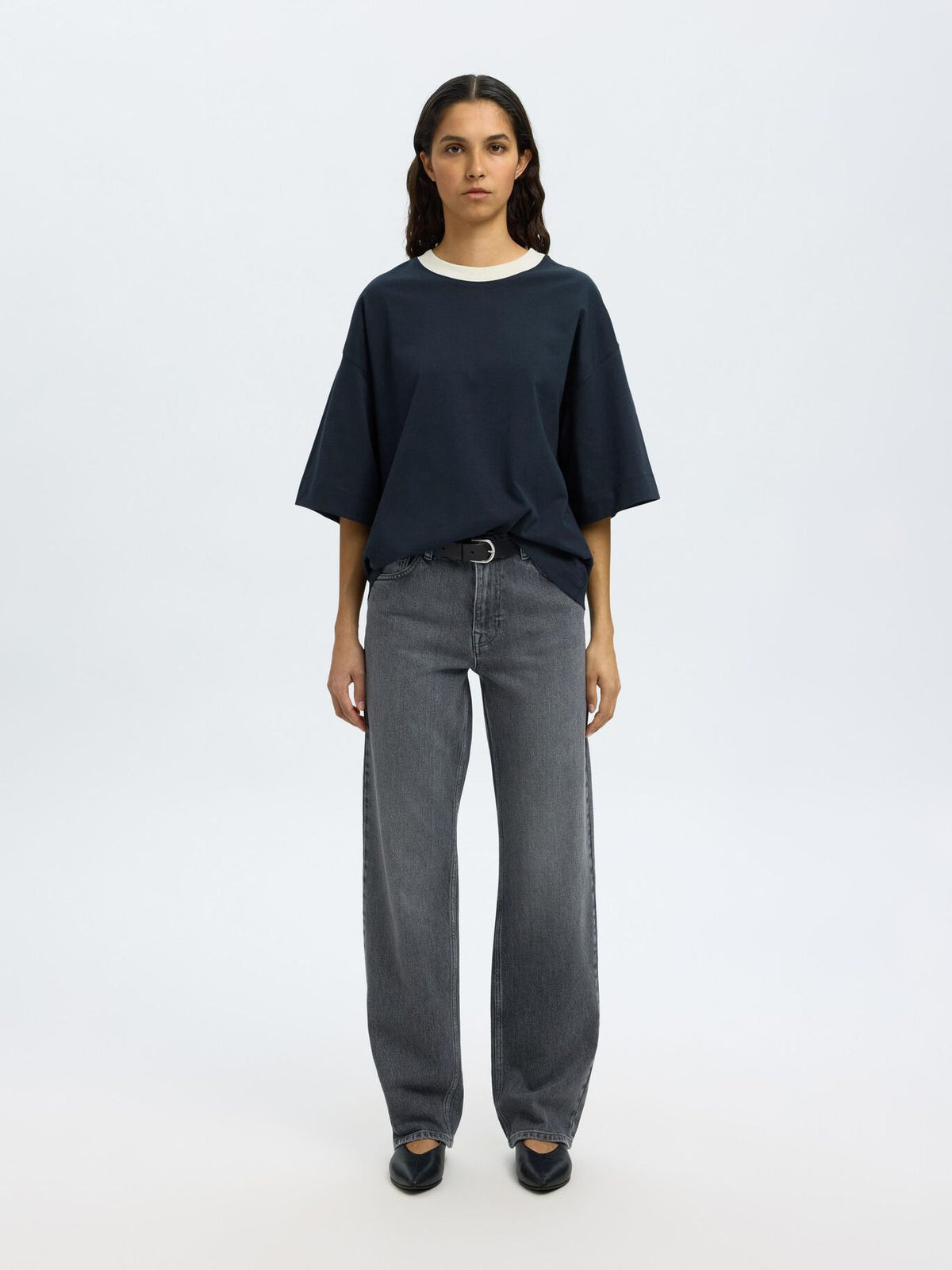 SELECTED Oversized Contrast Tee in Dark Sapphire, Egret