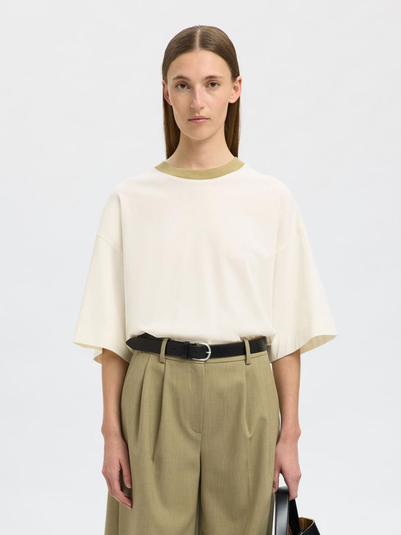 SELECTED Oversized Contrast Tee in Egret, Slate Green