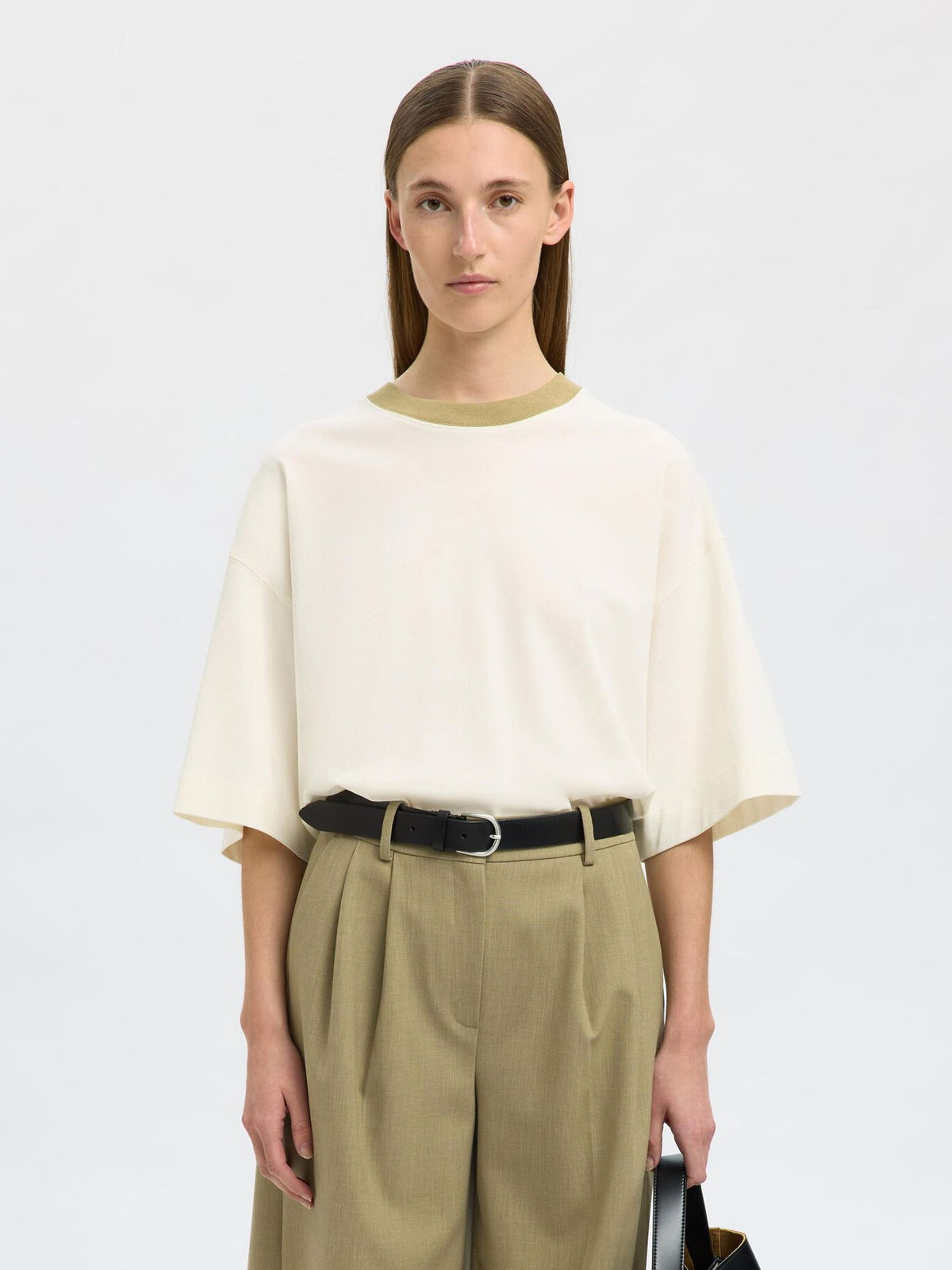 SELECTED Oversized Contrast Tee in Egret, Slate Green