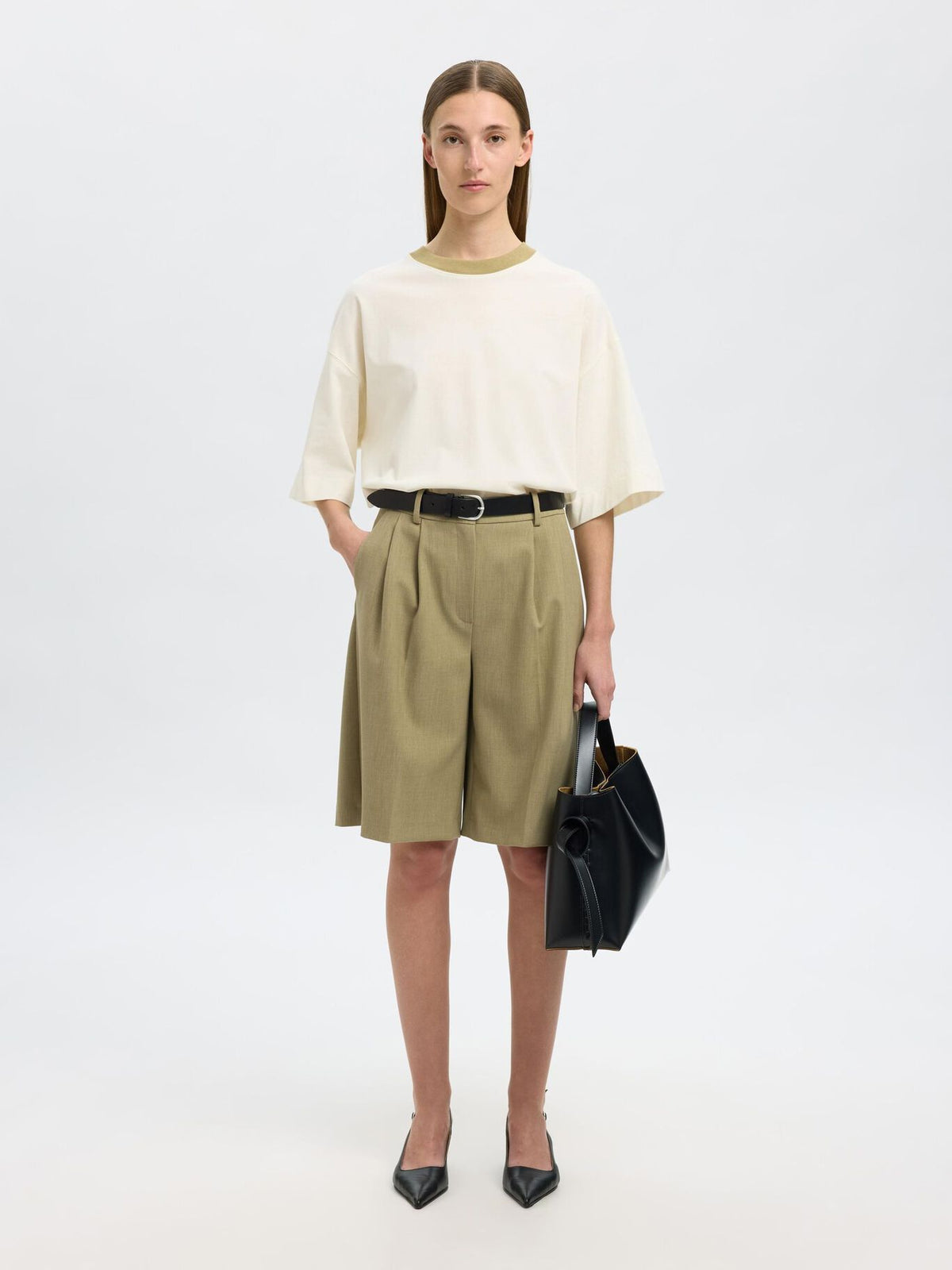 SELECTED Oversized Contrast Tee in Egret, Slate Green