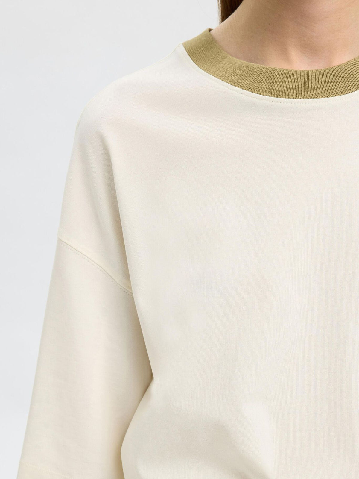 SELECTED Oversized Contrast Tee in Egret, Slate Green
