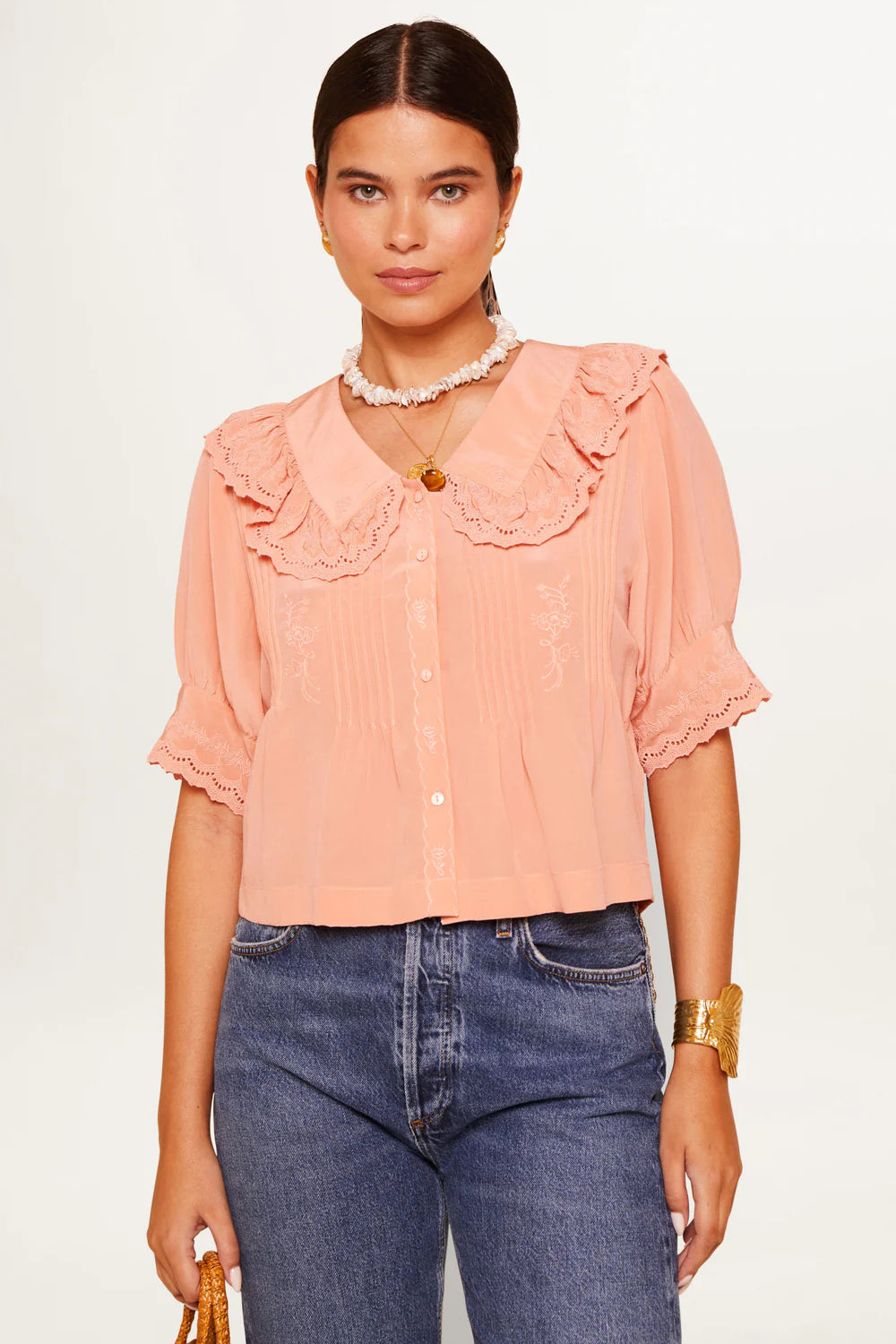 RIXO Quince Top in Pansy Embroidery Quartz