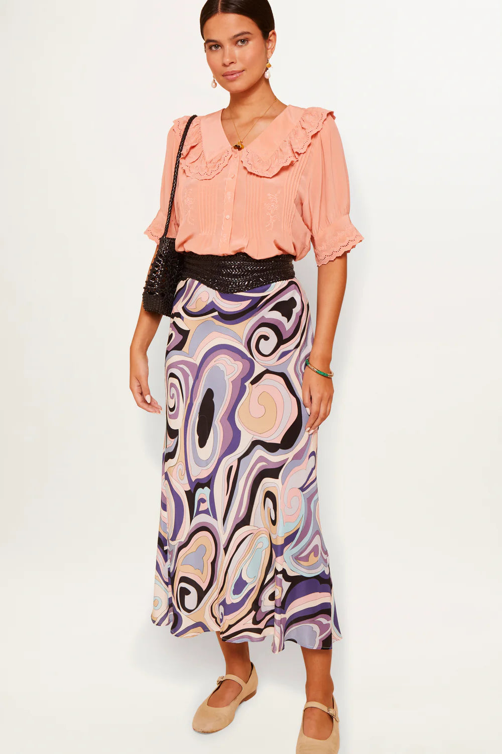 RIXO Quince Top in Pansy Embroidery Quartz