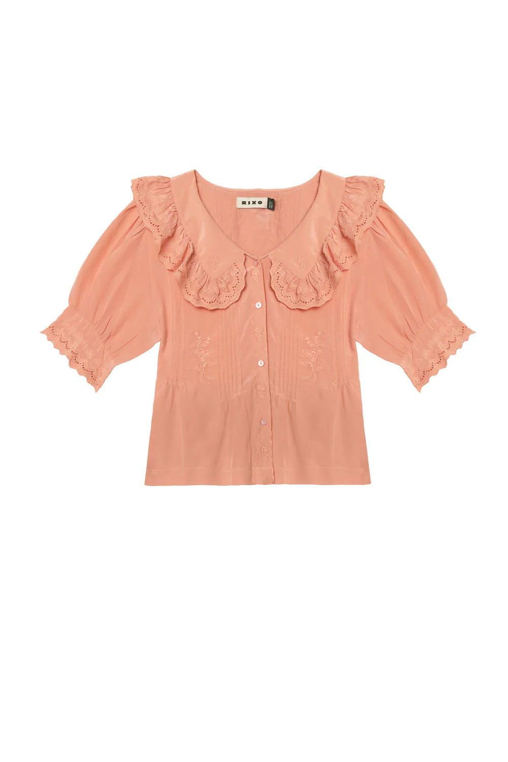 RIXO Quince Top in Pansy Embroidery Quartz