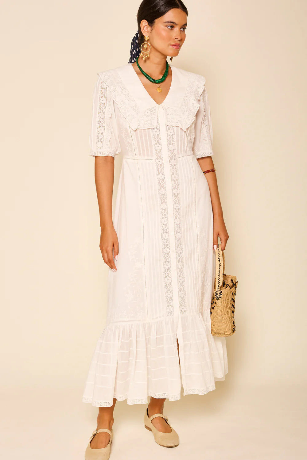 RIXO Edina Dress in Pansy Embroidery White