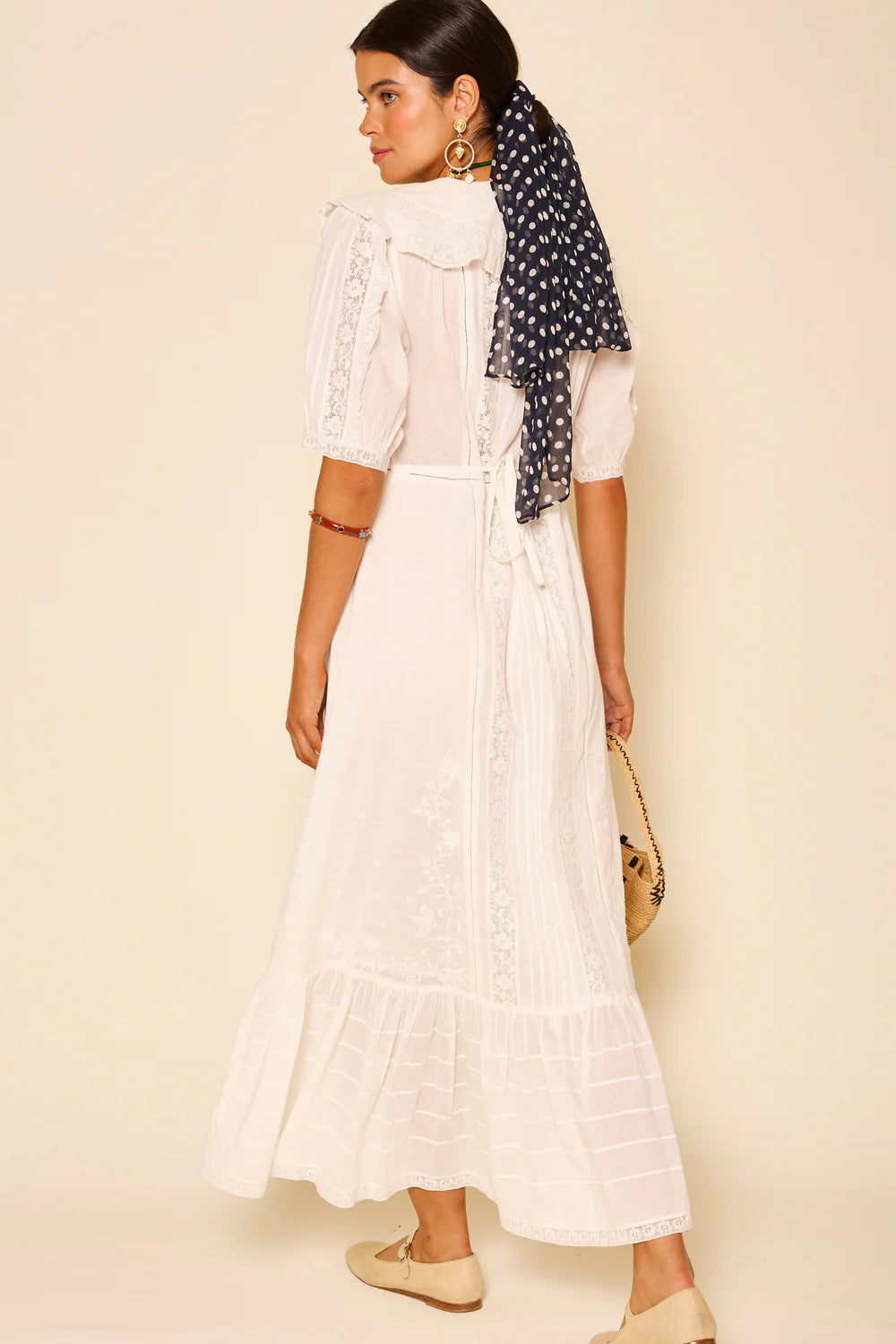 RIXO Edina Dress in Pansy Embroidery White