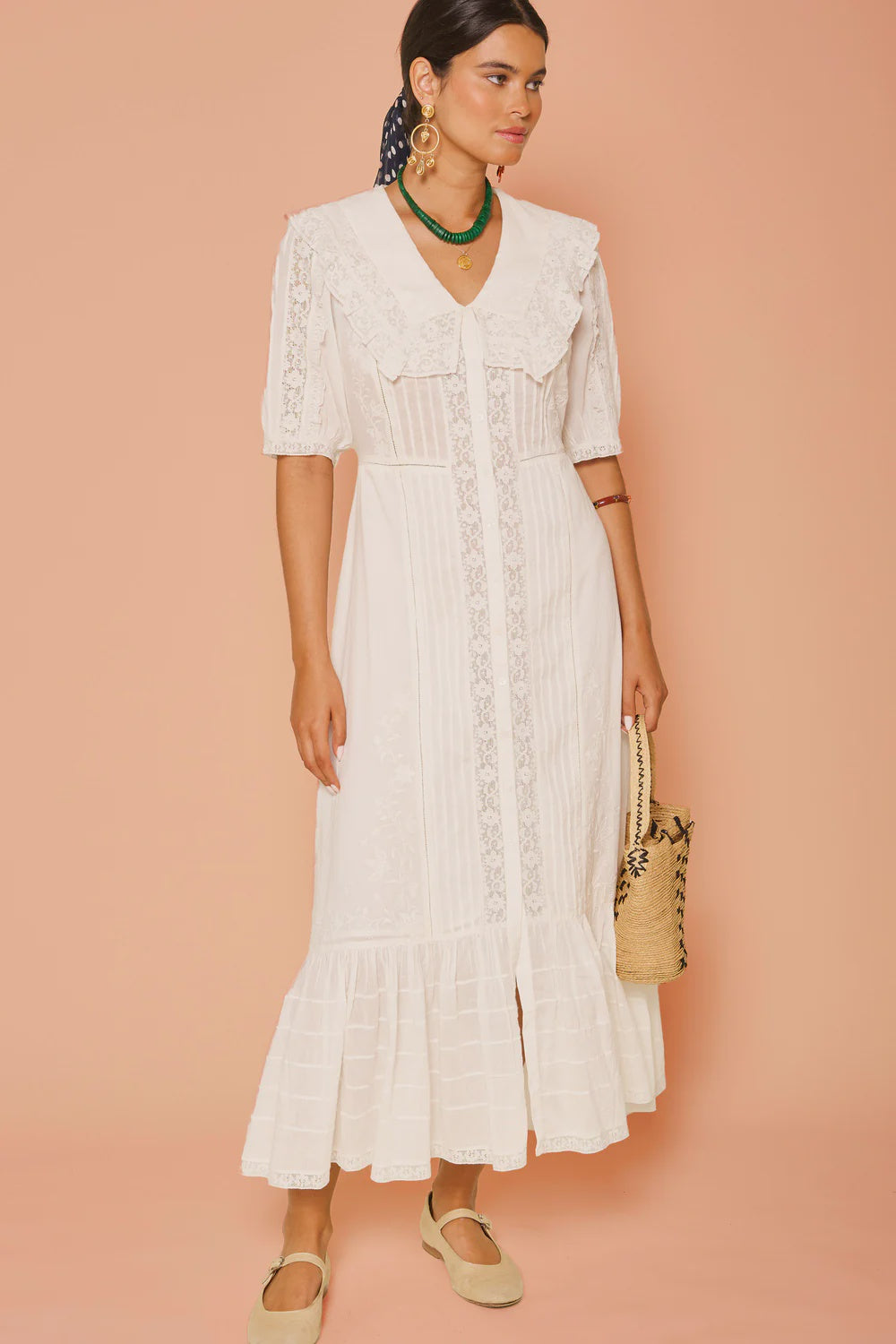 RIXO Edina Dress in Pansy Embroidery White