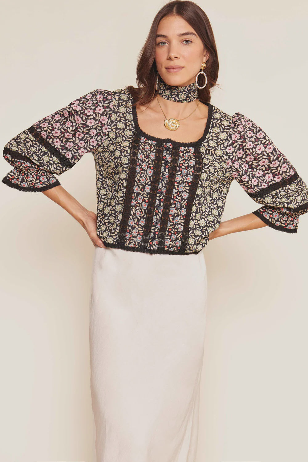 RIXO Jaques Top in Carnation Mix Olive