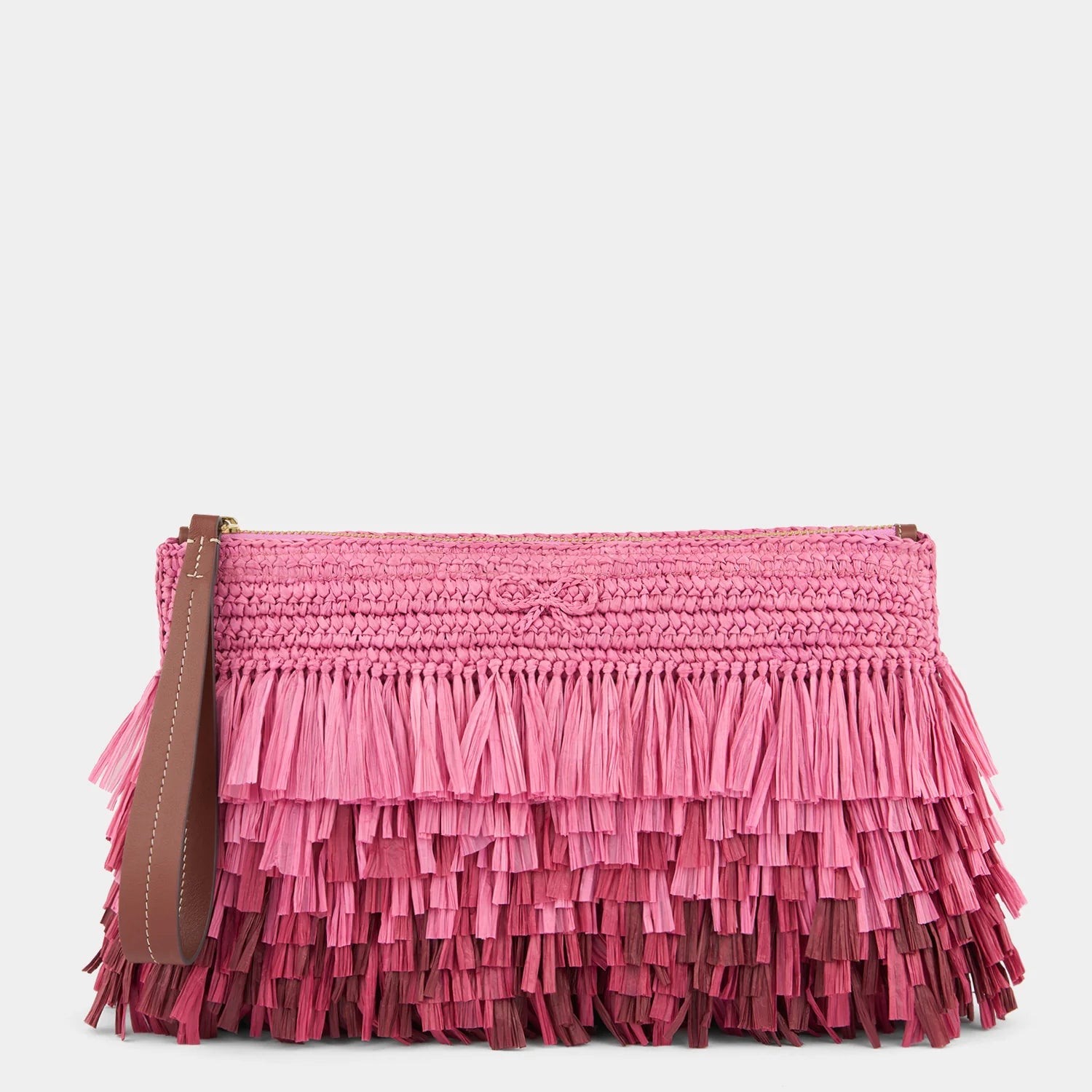 Anya Hindmarch Bow Clutch Shag in Bubblegum Raffia