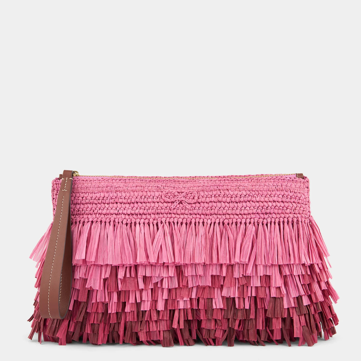 Anya Hindmarch Bow Clutch Shag in Bubblegum Raffia