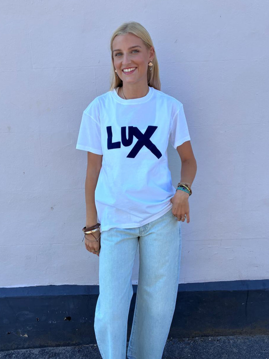 Bella Freud Lux Oversized T Shirt in White, Navy
