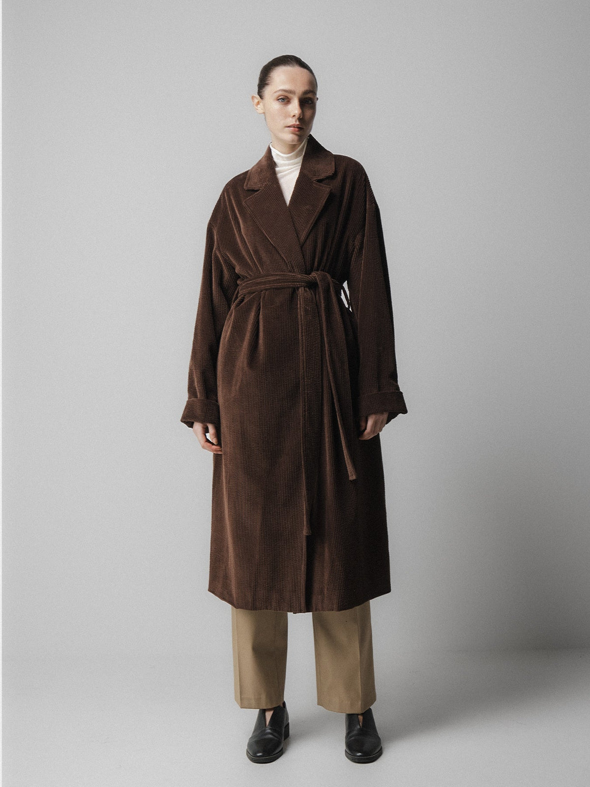 Emin + Paul Corduroy Long Belted Coat in Brown