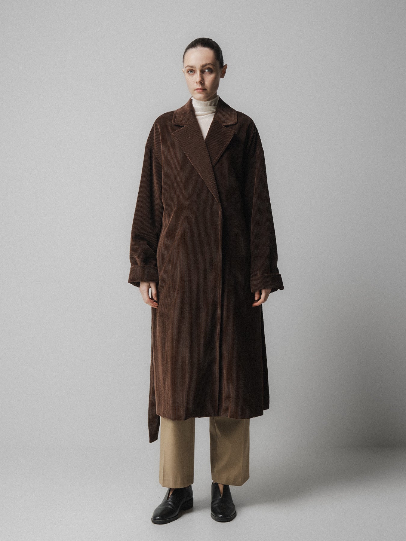 Emin + Paul Corduroy Long Belted Coat in Brown