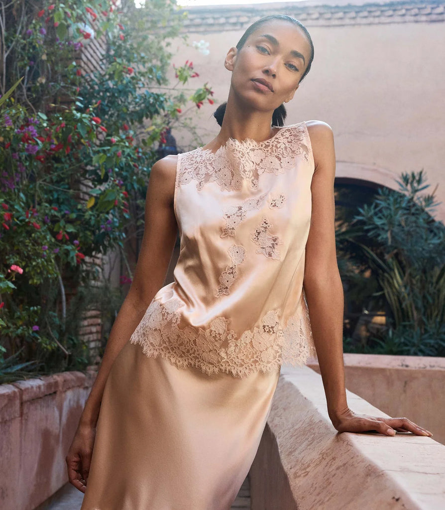 DÔEN Viviane Top Peach Sorbet - Silk Satin Lace Blouse