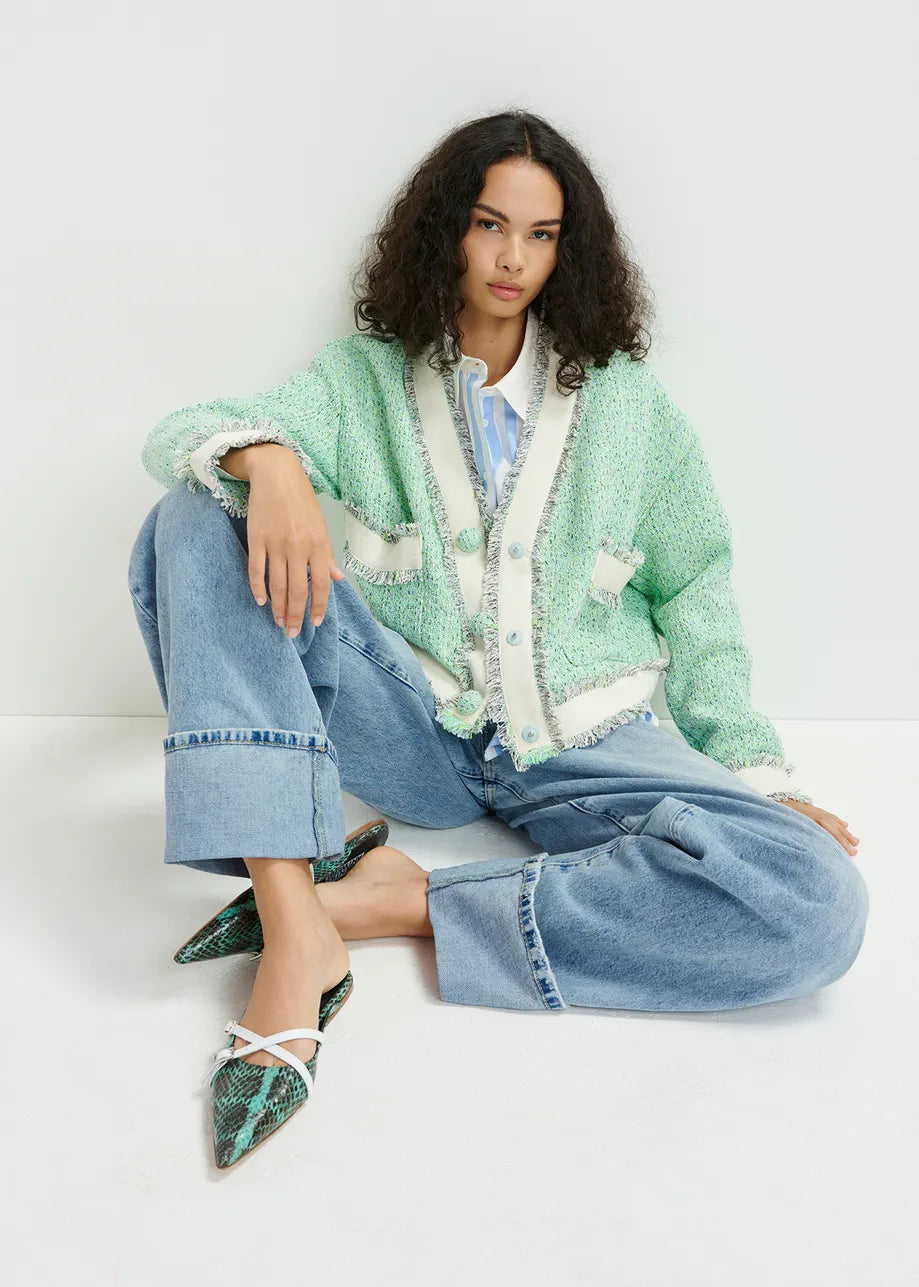 EA Hoola Cropped Fringe Jacket in Neptune Green