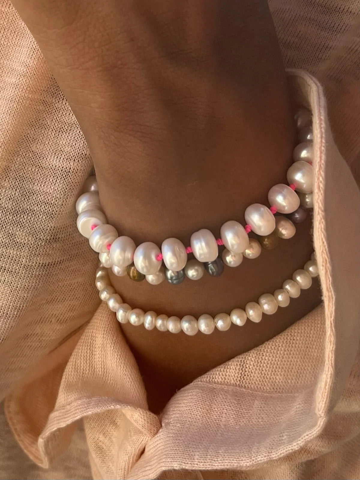 BON BON Fine Freshwater Pearl Bracelet, Neon Pink Thread