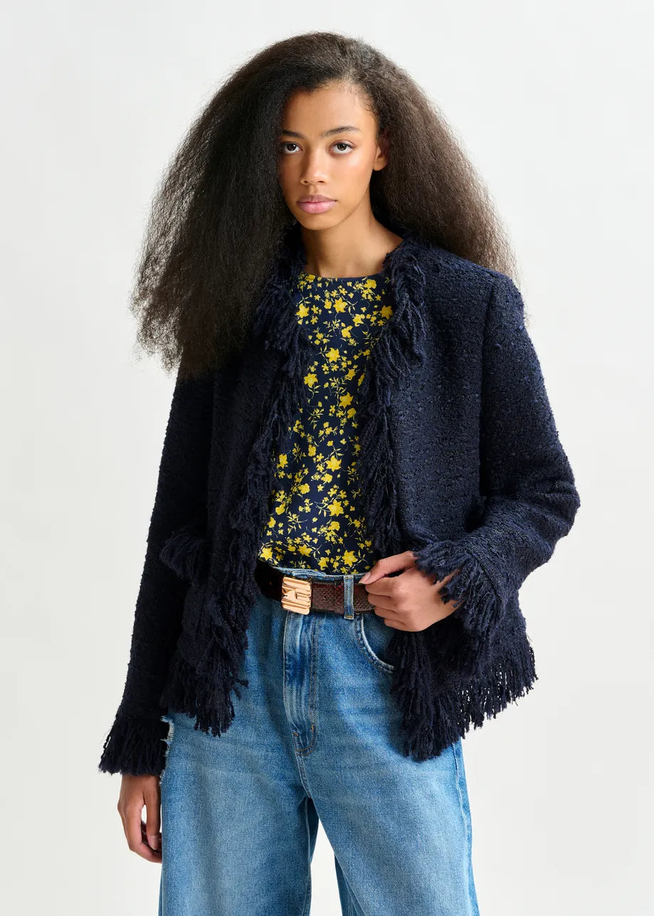 Essentiel Antwerp Iskra Fringed Jacket in Navy