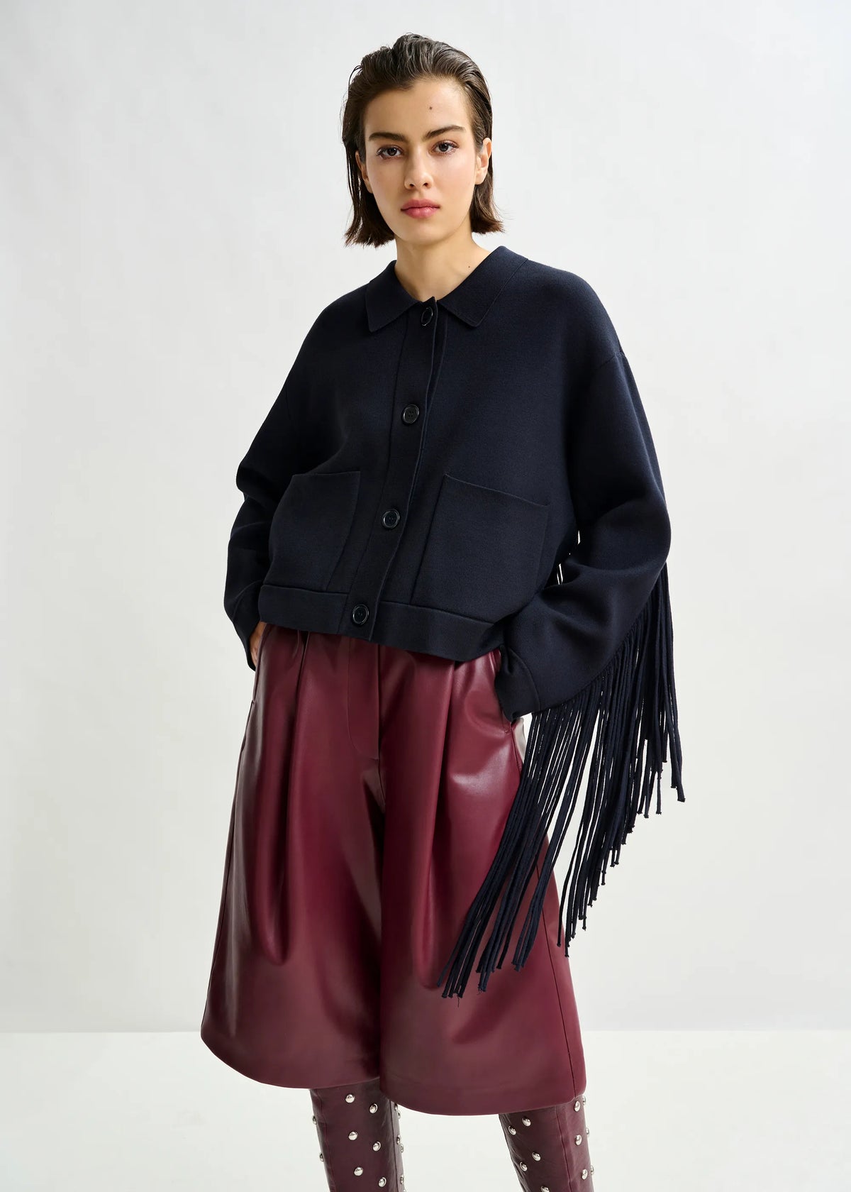 Essentiel Antwerp Istern Jacket with Fringes in Navy