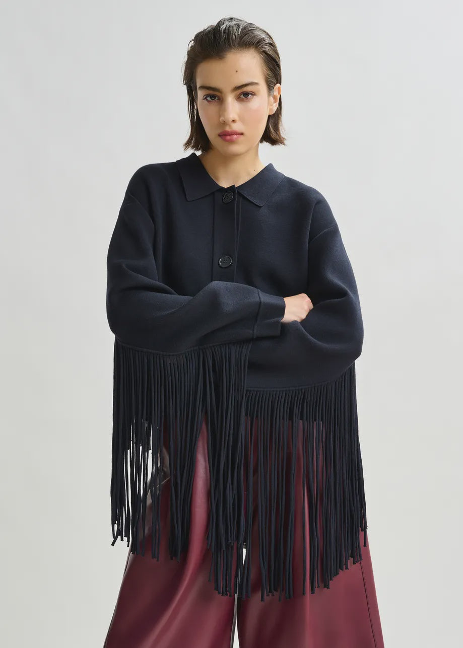 Essentiel Antwerp Istern Jacket with Fringes in Navy