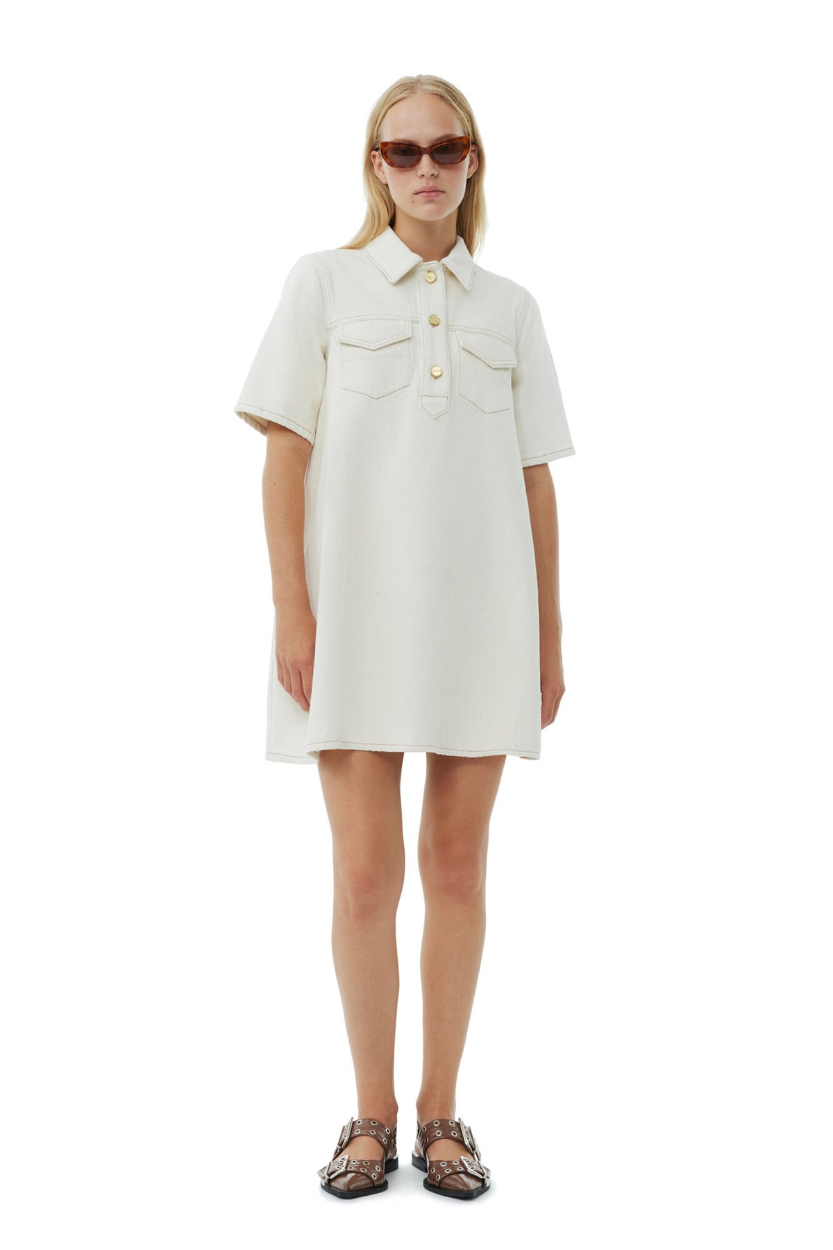 GANNI J1454 Heavy Denim Mini Dress in Egret