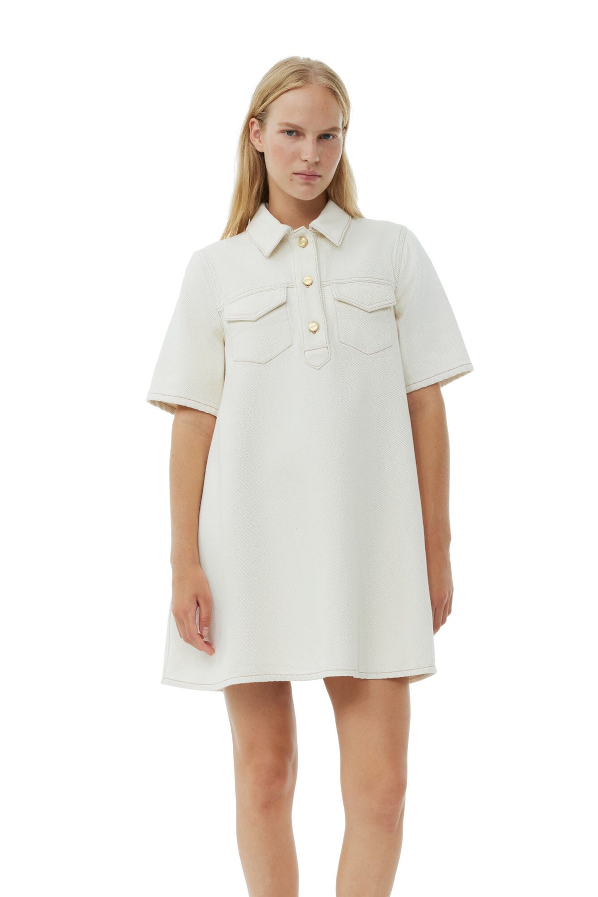 GANNI J1454 Heavy Denim Mini Dress in Egret