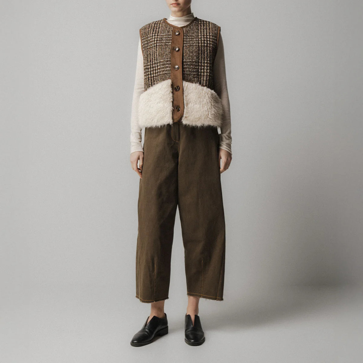 Emin + Paul Shearling Wool Check Vest in Brown Check