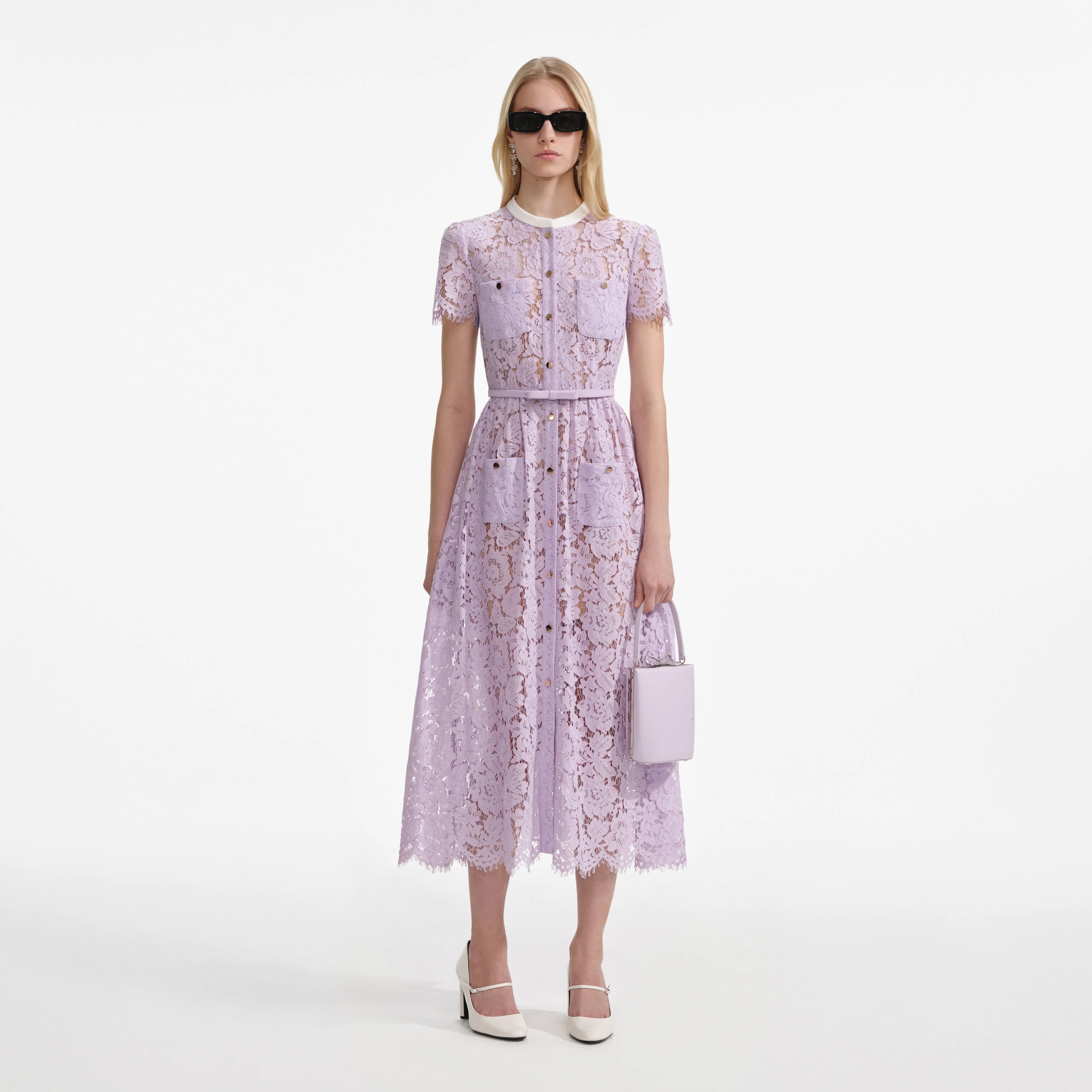 Self Portrait 006 Lace Button Front Midi Dress in Lilac