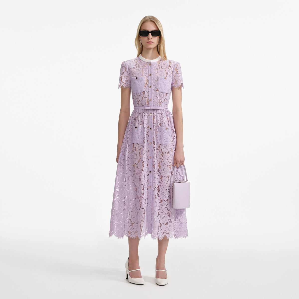Self Portrait 006 Lace Button Front Midi Dress in Lilac