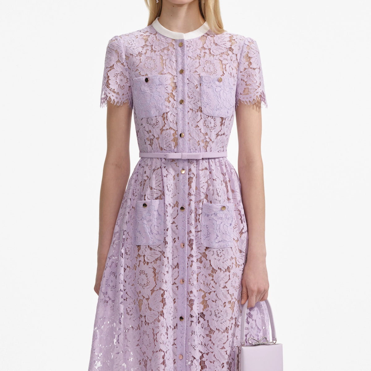Self Portrait 006 Lace Button Front Midi Dress in Lilac