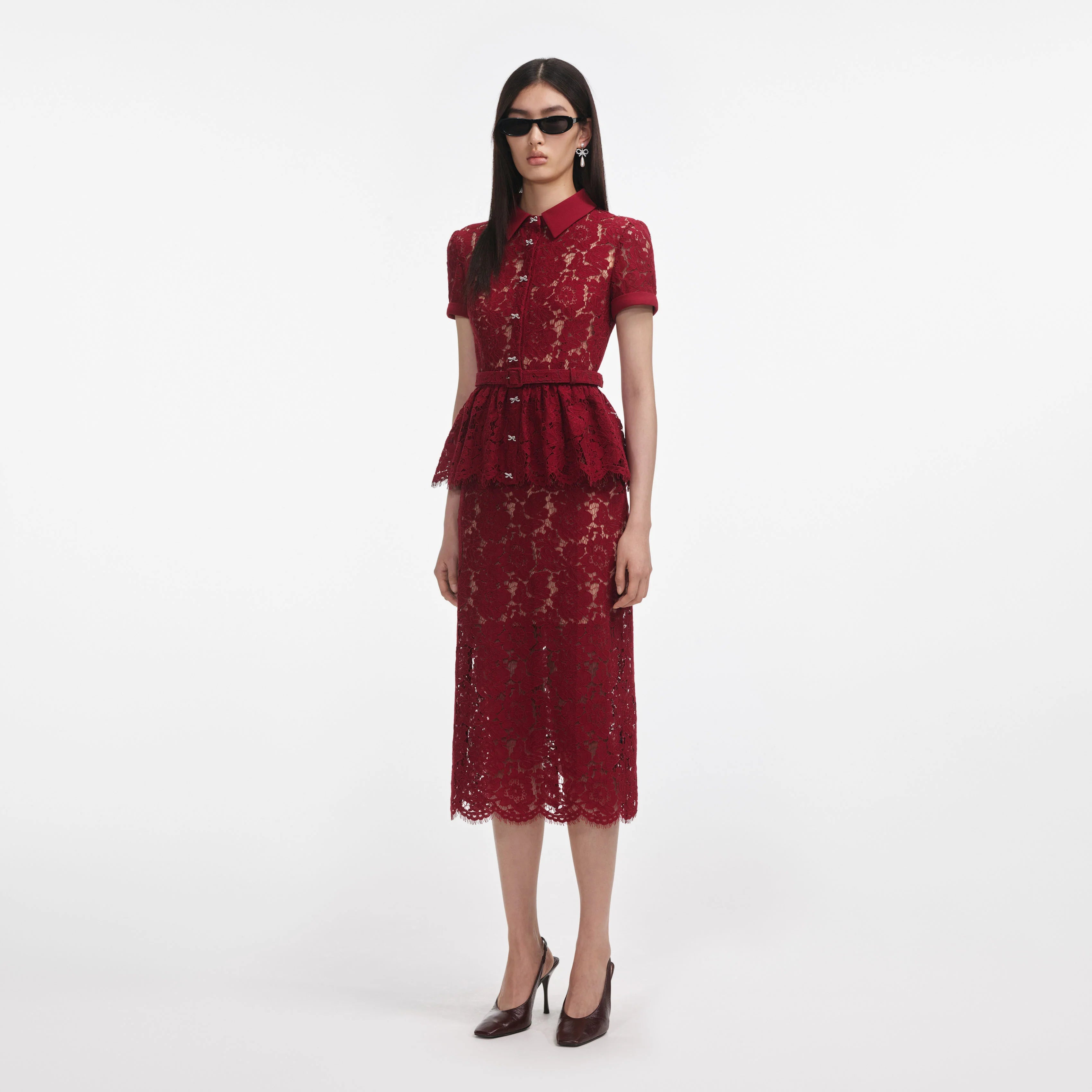 Self Portrait 006 Lace Peplum Dress Midi Dress in Burgundy