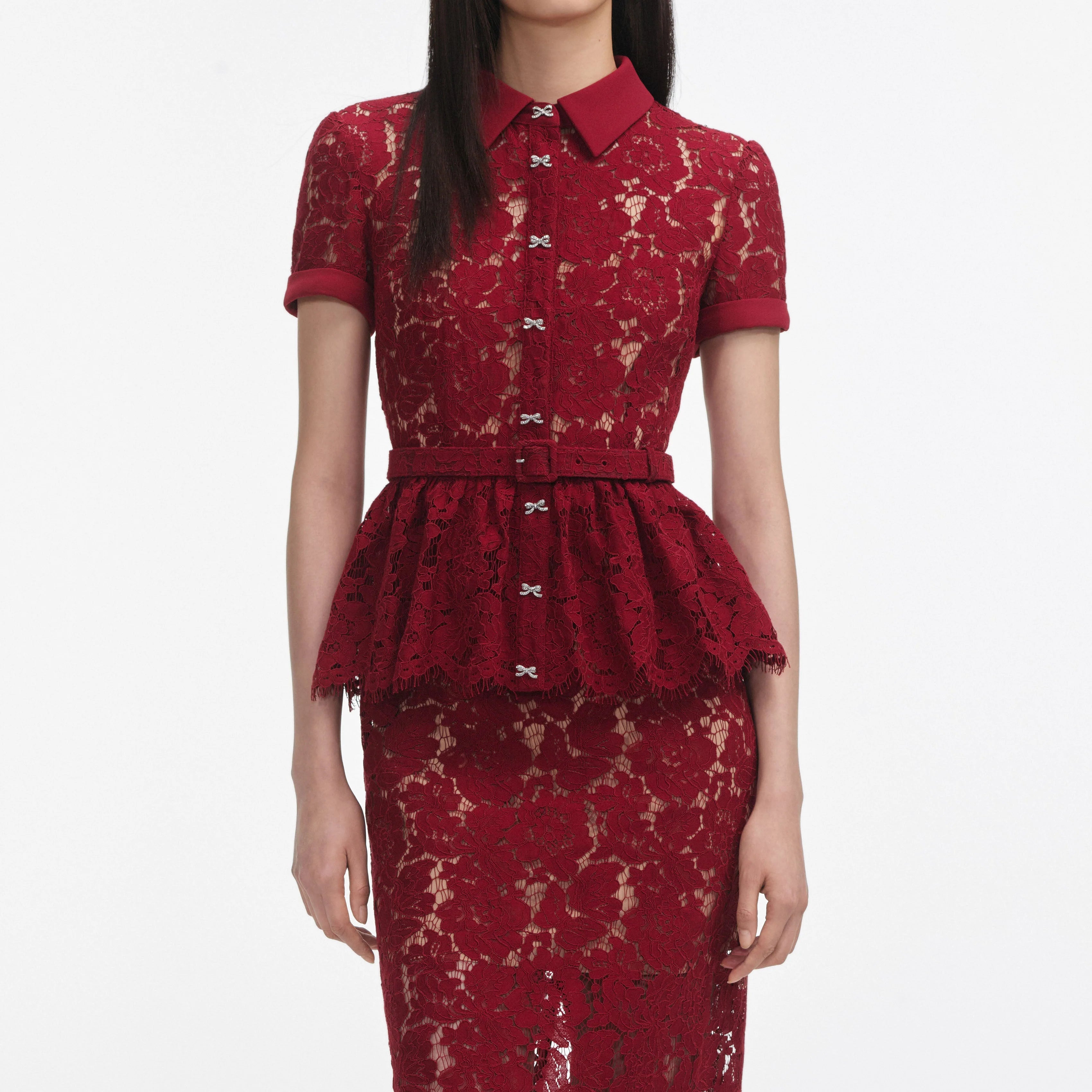 Self Portrait 006 Lace Peplum Dress Midi Dress in Burgundy