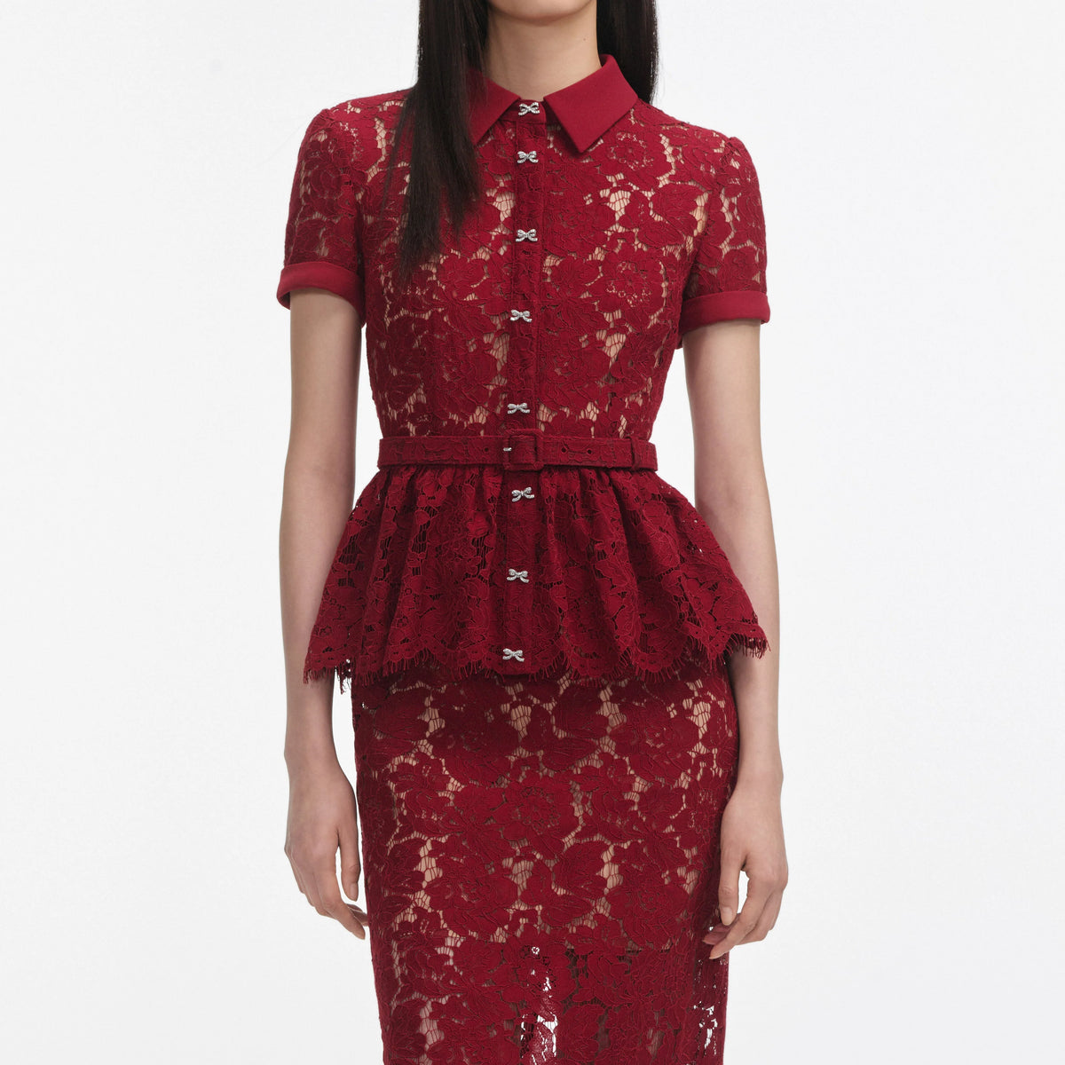 Self Portrait 006 Lace Peplum Dress Midi Dress in Burgundy