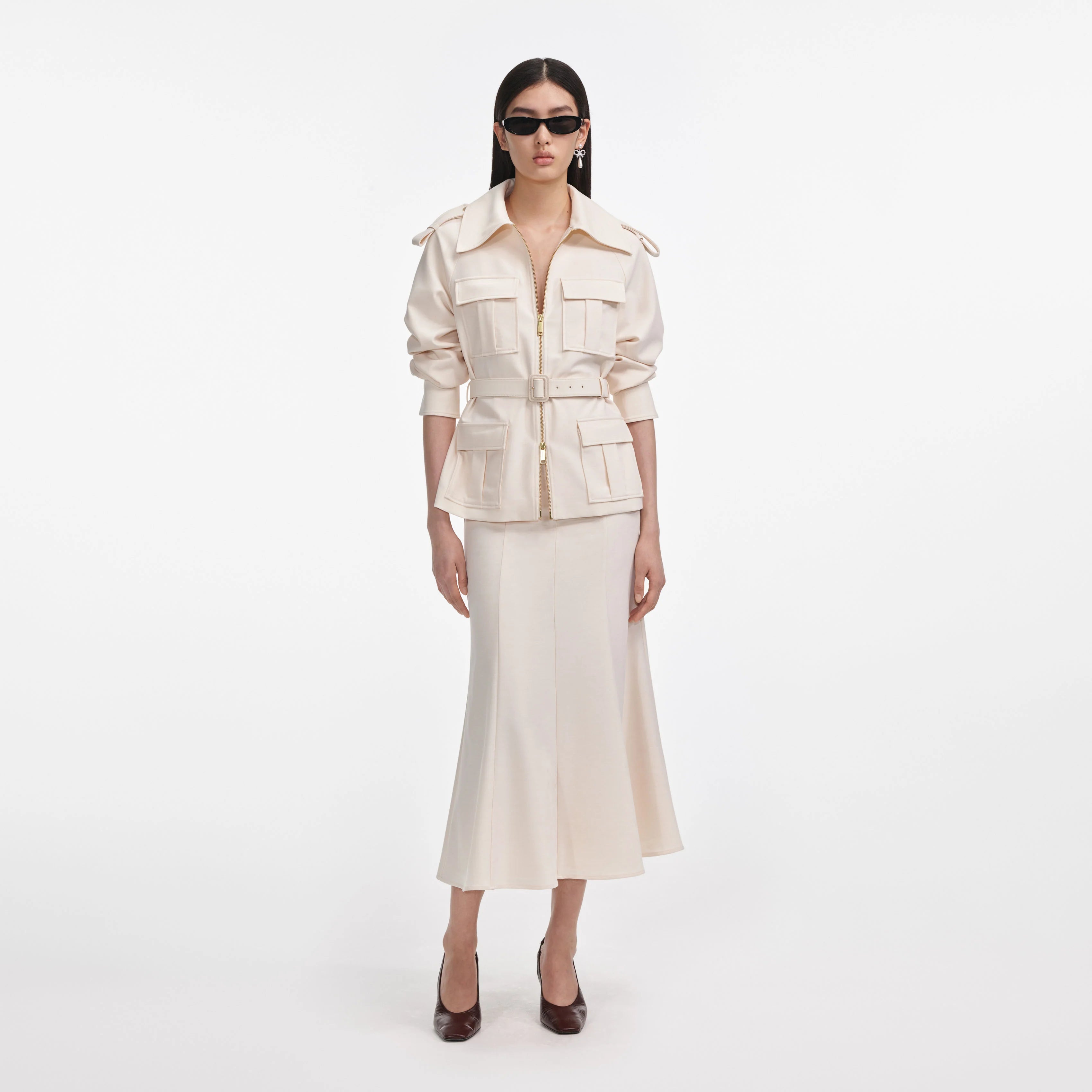 Self Portrait 064 Twill Midi Dress in Cream