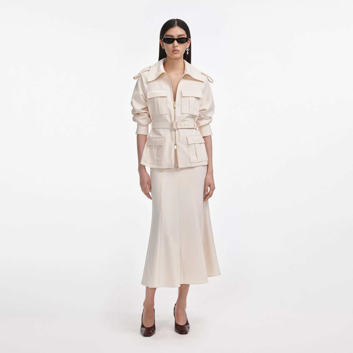 Self Portrait 064 Twill Midi Dress in Cream