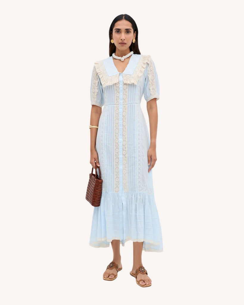 RIXO Edina Midi Dress in Mira Embroidery Powder Blue | Cotton